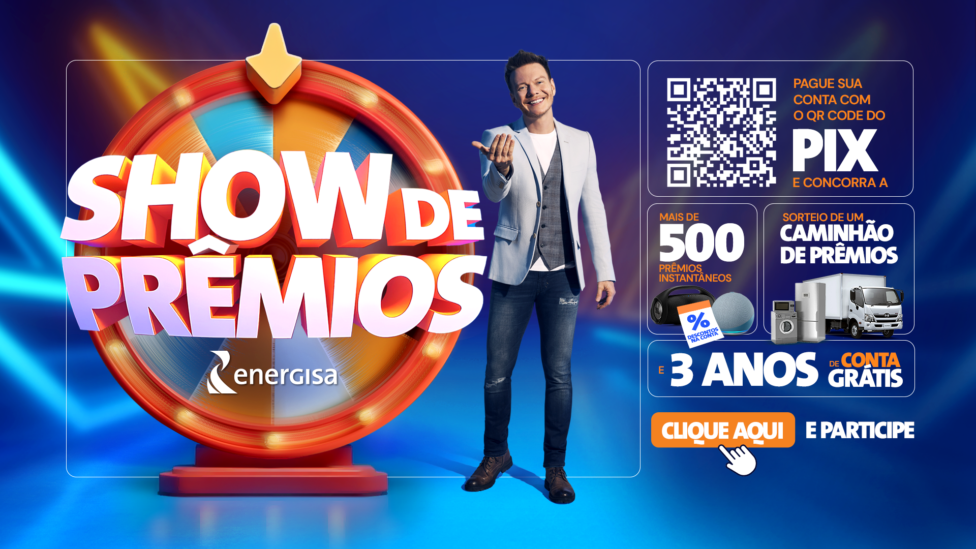 Promoção Show de Prêmios da Energisa. Pague sua conta com o QR Code do PIX e concorra a mais de 500 prêmios instantâneos, sorteio de um caminhão de prêmios e 3 anos de conta grátis. Clique aqui e participe para concorrer aos prêmios!